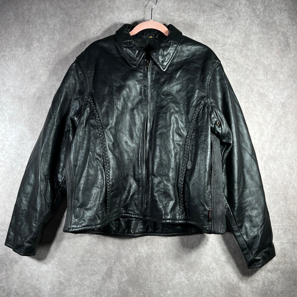 Hot Leathers Bomber Jacket Men 4XL Black Full Zip Braided Trim Quilt Lined Biker
